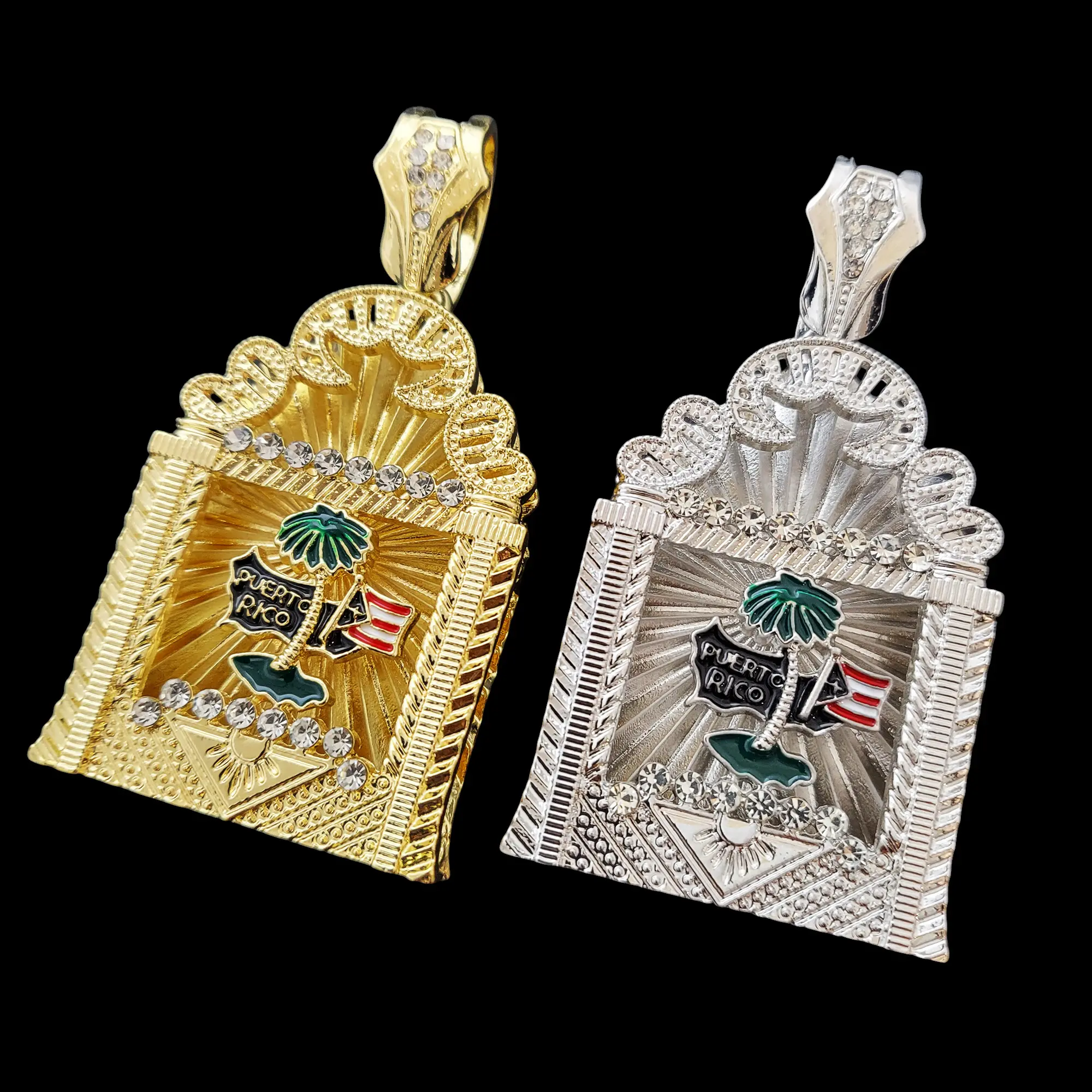 MaxBling81 Large Pendant with Puerto Rico Flag and Palm Tree, Unisex Hip Hop Style Charm, Gold or Silver Plated Alloy with CZ Stones, Necklace Gift, Exquisite Trendy Pendant