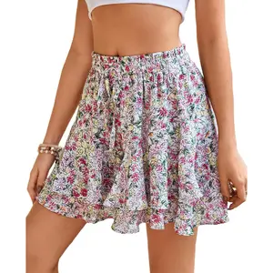 Womens Floral Ruffled Chiffon Flowy Summer Flared Mini Skorts Shorts