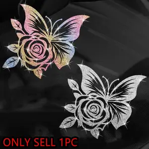 1PC Colorful Butterfly and Rose Car Sticker, Car Vehicle Decoration, Is Waterproof and Durable, Suitable for Cars, Windshields, Motorcycles, Creative Scratches Blocking Stickers, Dreamy Style Car Appearance Modification Stickers
