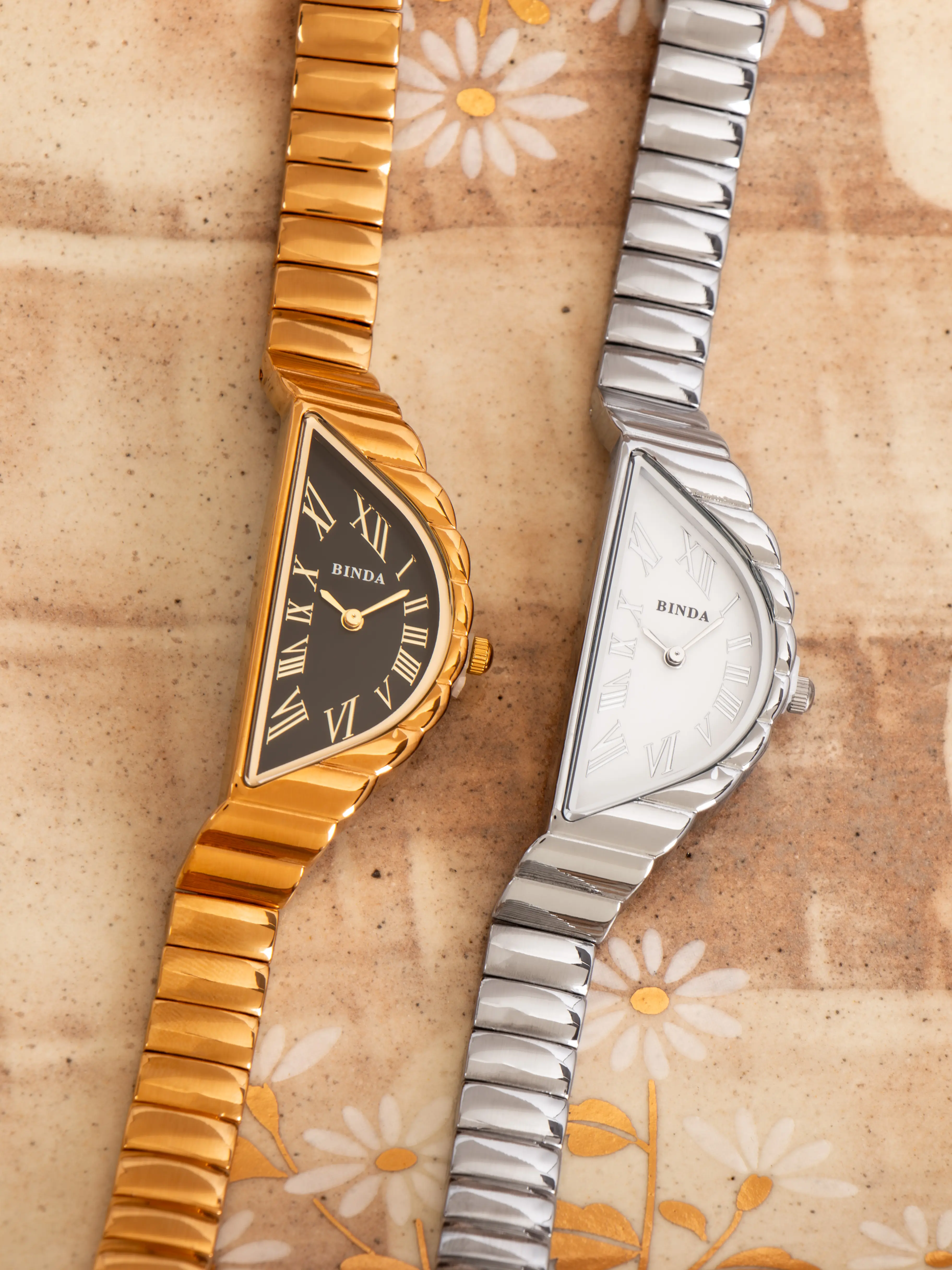 Binda Women's Luxury Triangle Dial Wristwatch - Gold-Tone Stainless Steel Exquisite Band, Roman Numerals, Asymmetrical Case, Gold Watches, Fashionable Stylish Watch, Ideal for Gifting & Daily Wear, Exquisite Band Watch