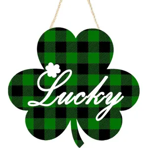 Shamrock Wooden Hanging Sign, Buffalo Plaid St. Patricks Day Decorations Wall Hanger for Front Door, Farmhouse Wood Wreath for Spring Irish Holiday Indoor Outdoor Decor