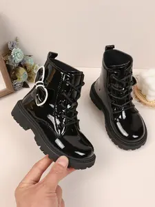 New Fashionable PU Leather Boots for Girls, Casual Low Ankle Short Boots, All-Season Princess Shoes, Plain Pattern, Rubber Sole