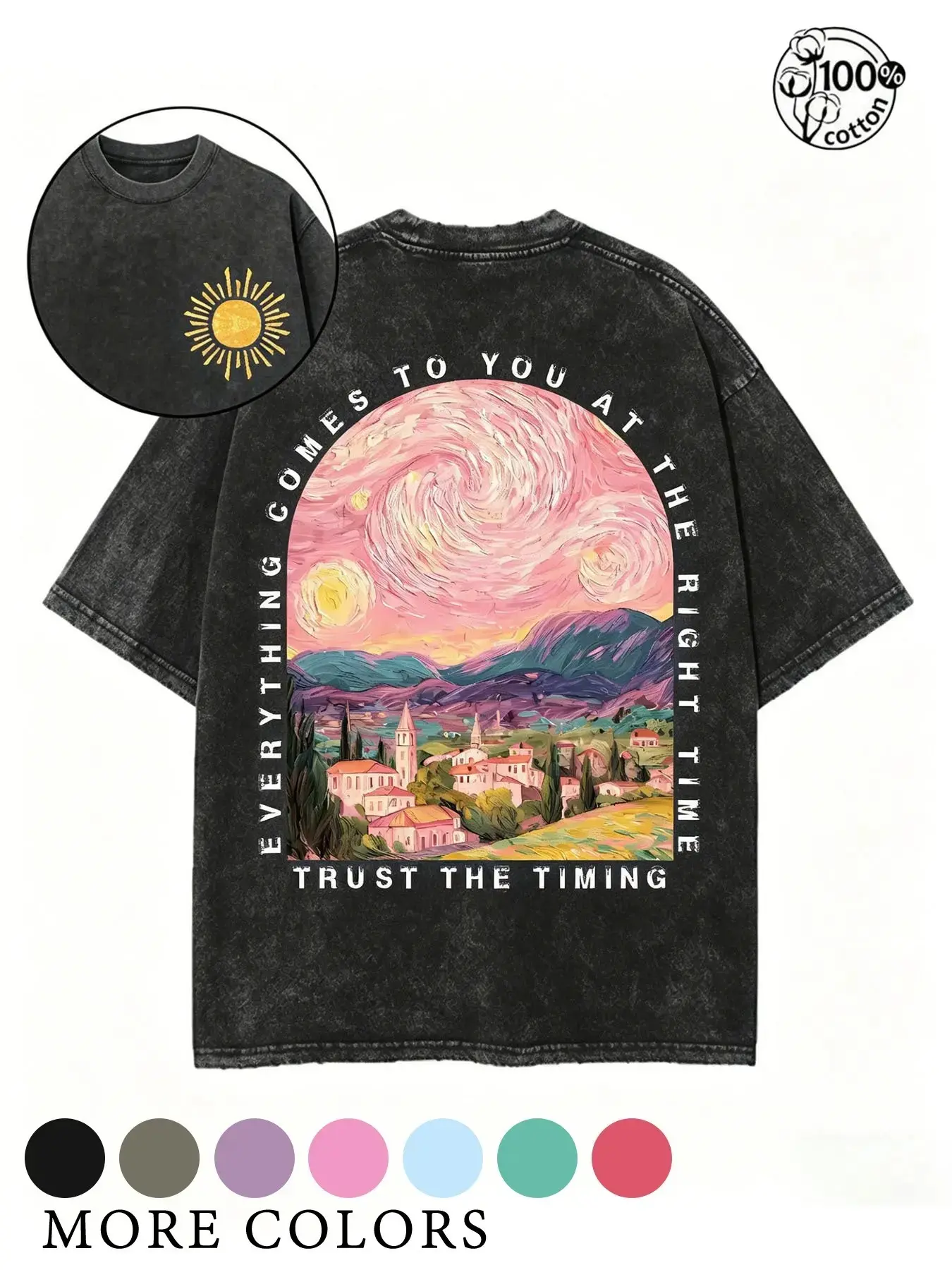 Men & Women Van Gogh Starry Night Art Print Acid Wash T-Shirt, "Everything Comes To You At The Right Time" Inspirational Quote, 100% Cotton Summer Oversized Casual Tee, Aesthetic Vintage Streetwear for Daily & Vacation Wear