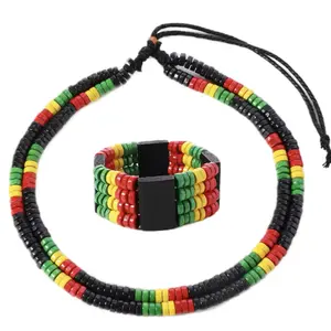 Wooden Multi Necklace and Bracelet Set 2 - Rasta Colors Beaded Jewelry for Women & Men