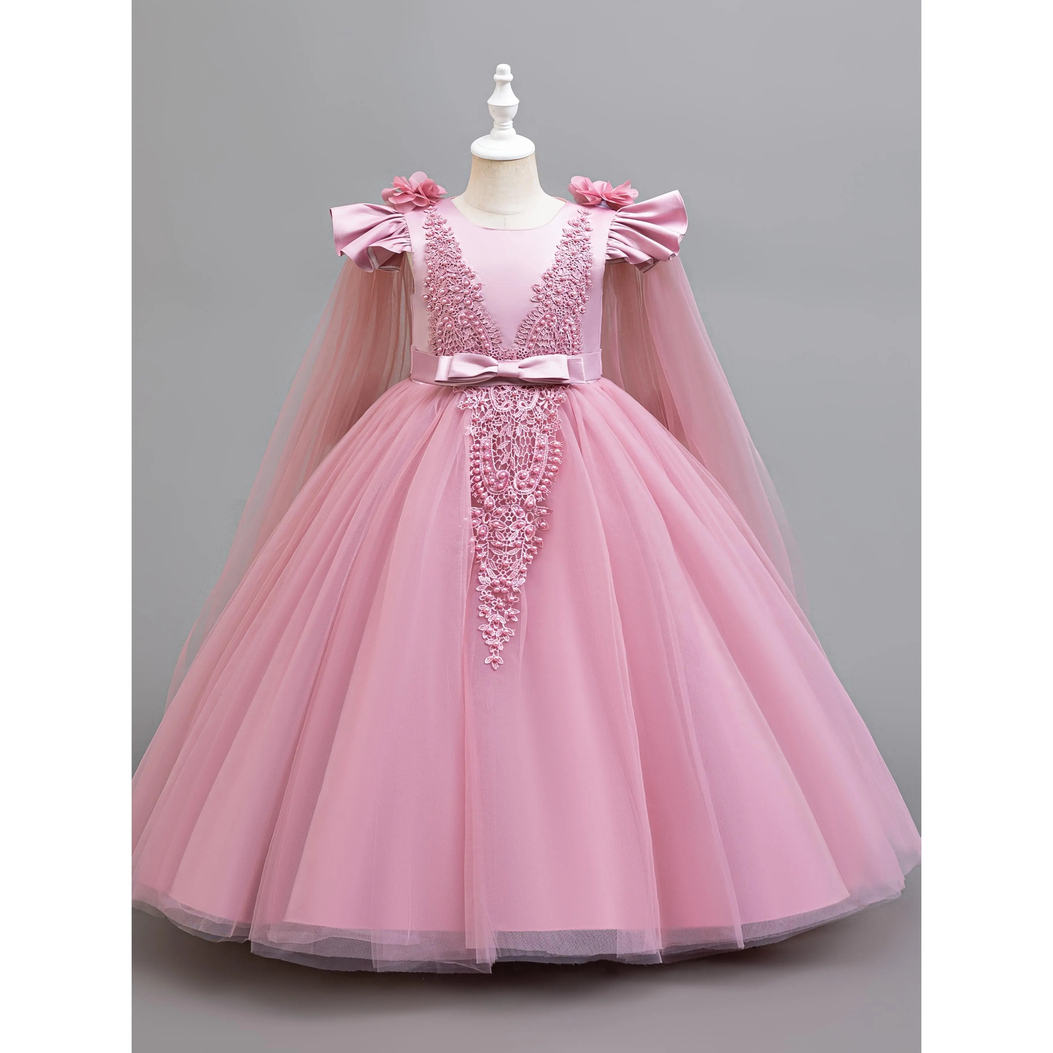 Girls Long Princess Dress with Puffy Skirt Floral Embroidery Formal Party Gown for Wedding Birthday Pageant 8-14 Years