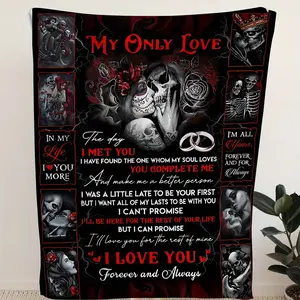 Gothic Skull Couple Throw Blanket Ultra Soft Plush Flannel To My Lover Envelope Design with Romantic Quotes Cozy Lightweight Cover for Sofa Bed Office Camping Travel All Season Comfort Perfect Gift for Valentine's Birthday Wedding Anniversary Halloween