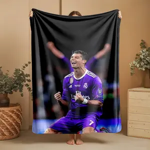 1 piece Cristiano Ronaldo celebrating a goal wearing a purple Real Madrid jersey. themed flannel blanket - Oversized fluffy flannel sofa blanket, suitable for beds and sofas, modern design, all-season use, digitally printed pattern, 100% polyester