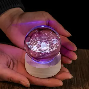 2.36 Inch 3D Solar System Crystal Ball Night Light, Colorful Base, Cosmic Space Planet Astronomy Pattern, Science Model Gift