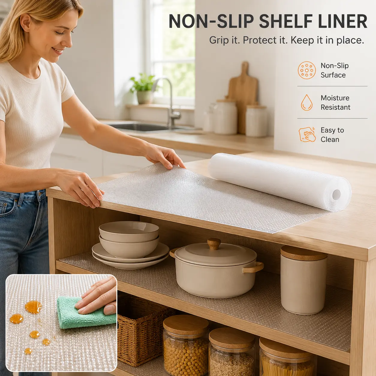 1 Count, 45cm x 5m Non-Adhesive Shelf Liner, Waterproof Anti-Slip Semi-Transparent Mat for Kitchen Drawer Cabinet Wardrobe Surface Protection