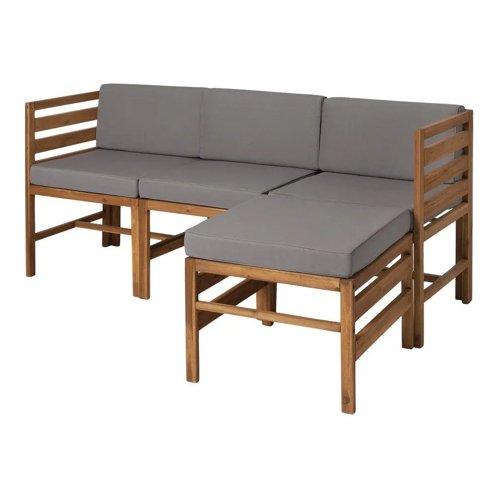 Walker Edison GOWSAN4PBR 4-Piece Eco-Friendly 23 in. Acacia Wood 3-Seat Modular Ottoman Set, Brown - Outdoor Patio Modern Global Furniture with Modular Frame, Sun Protection, UV Prevention, Patio Decor, Any Season All-Weather Use