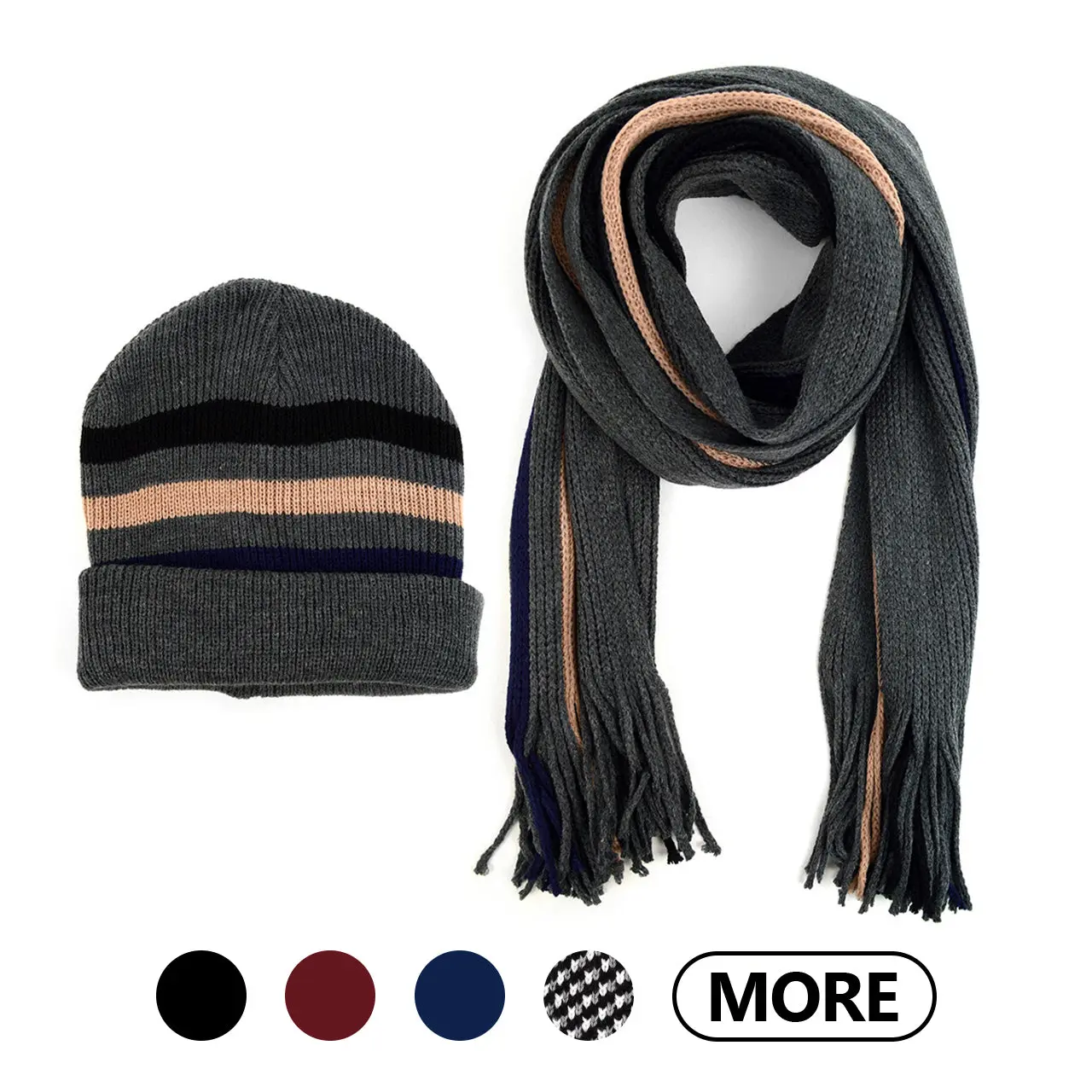 Men's Scarf and Hat Set, 2-Piece Textured Acrylic Knit Winter Accessory with a Rectangular Fringe-End Scarf, Textured Fringe, Fringe Ends