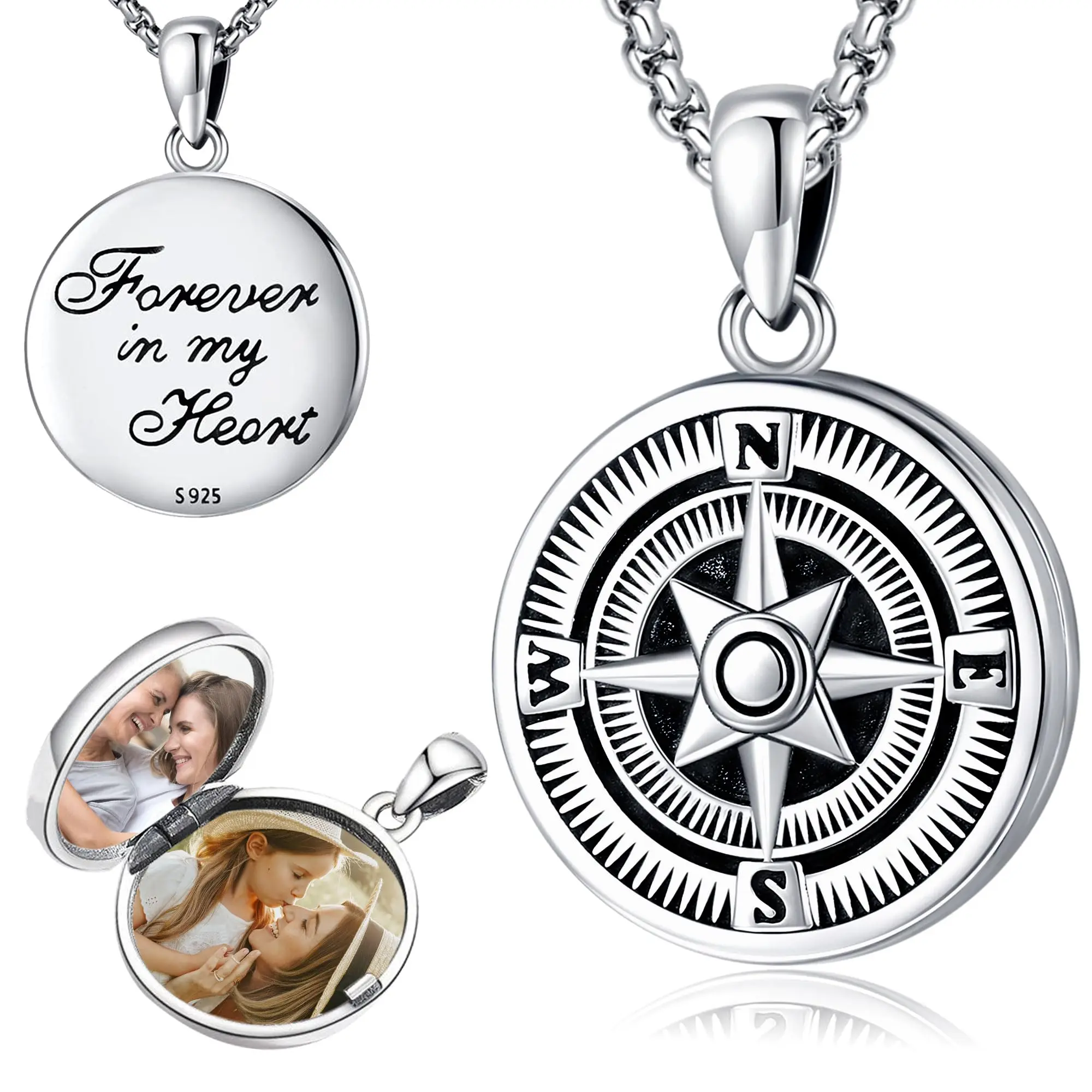Thanches Personalized Photo Compass Necklace S925 Sterling Silver Unique Religious Viking Amulet Pendant Jewelry Gift for Women Men