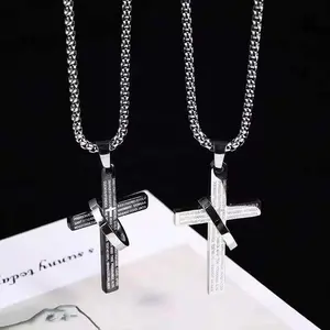 [Simple Cross] 2Pcs Black And White Scripture Ring Cross Necklace Versatile Titanium Steel Personality Pendant Accessories Gift Versatile Fashion Personality Creative Design Men's Stainless