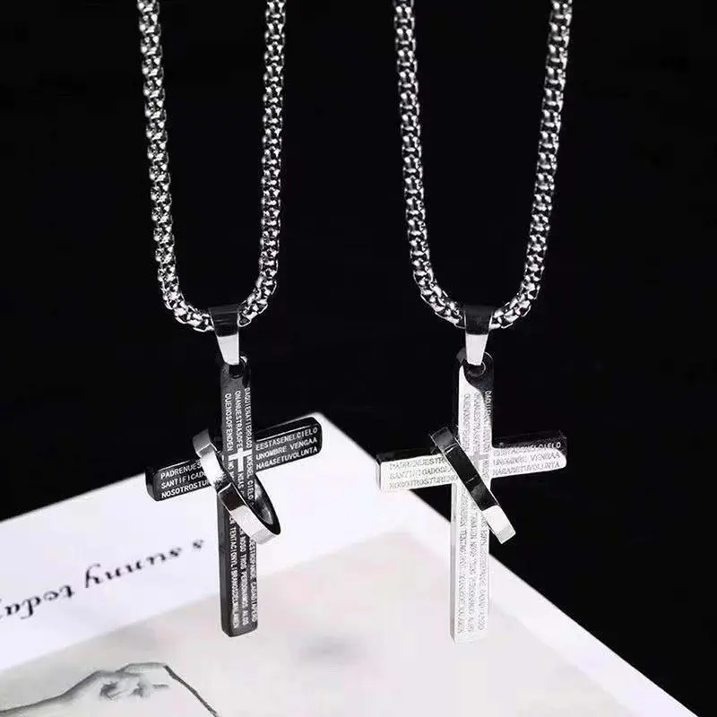 [Simple Cross] 2Pcs Black And White Scripture Ring Cross Necklace Versatile Titanium Steel Personality Pendant Accessories Gift Versatile Fashion Personality Creative Design Men's Stainless
