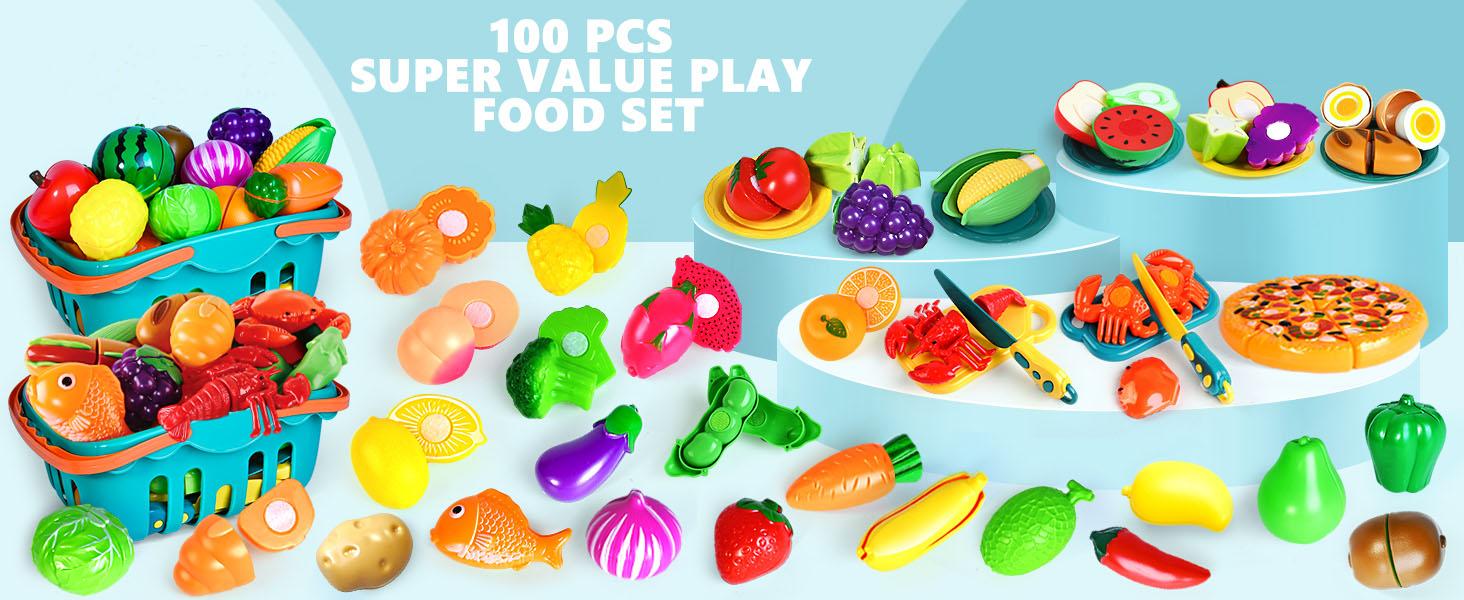 100 Pcs Play Food Set for Kids Kitchen, Pretend Food Toy for Toddlers Age 1-3, Plastics Cutting Fake Food/ Fruit/ Vegetable Accessories with 2 Baskets, Birthday Gifts for 2 3 4 5 Years Old Boys Girls