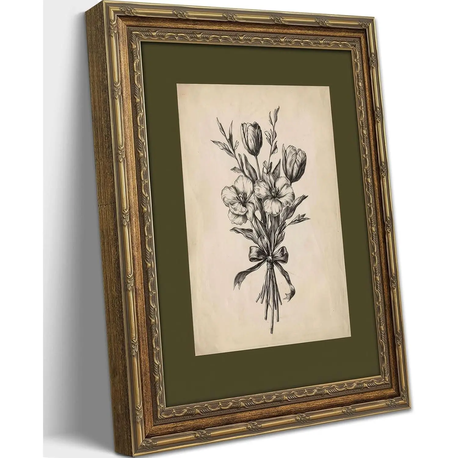 Gold Framed Wall Art Vintage Flower Sketch Wall Art Antique Sage Green Botanical Wall Decor Picture Dark Green Floral Drawing Poster Print for Bedroom Living Room 9x11in