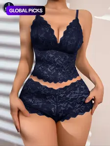 Women's Lace Deep V Neck Backless Bra & Panty Underwear Set, French Style Removable Inner Padding Wire-free Bra, Elegant Daily Wear Womenswear