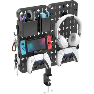 7 in 1 Clamp- Desk Pegboard - No Drill Desk Side Storage with Phone Stand/Pen Holder/Storage Box/Headset & Controller Holder/Hooks, Detachable Gaming Pegboard for Office &  Desktop Organizer
