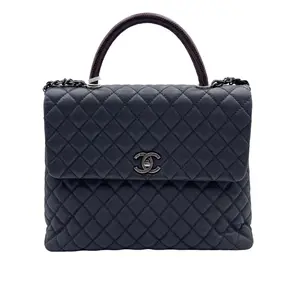 Pre-owned CHANEL HZ7 Graphite Grey Caviar Leather Flap Bag with Top Handle — Featuring Exotic Leather Handle and Vintage Silver Hardware (Large) 60962