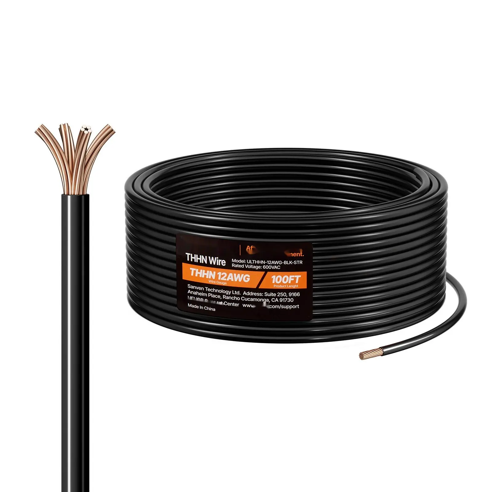 12 AWG THHN Wire 19-Stranded Black Copper Building Wire Nylon Jacket Thermoplastic Insulation, High-Quality Electrical Cable For Residential And Commercial Wiring, 100 Ft Length, 600V Voltage Rating, UL Listed