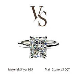 [Venus Jewelry] Lab Created Gemstone 3 CCT Radiant Cut Solitare Band Solid Silver 925 Sterling Ring