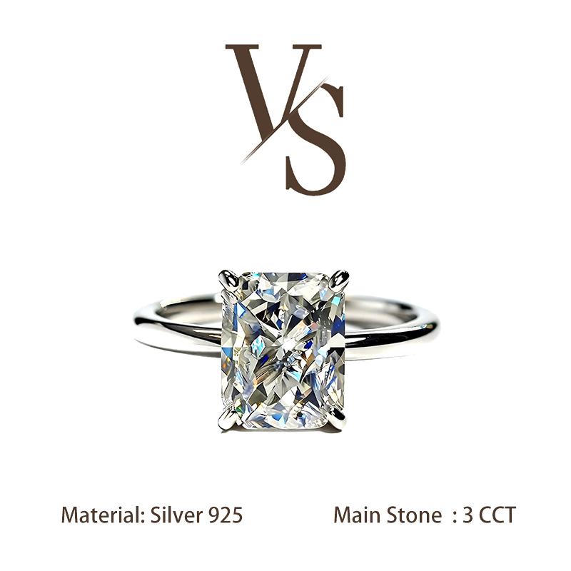 [Venus Jewelry] Lab Created Gemstone 3 CCT Radiant Cut Solitare Band Solid Silver 925 Sterling Ring