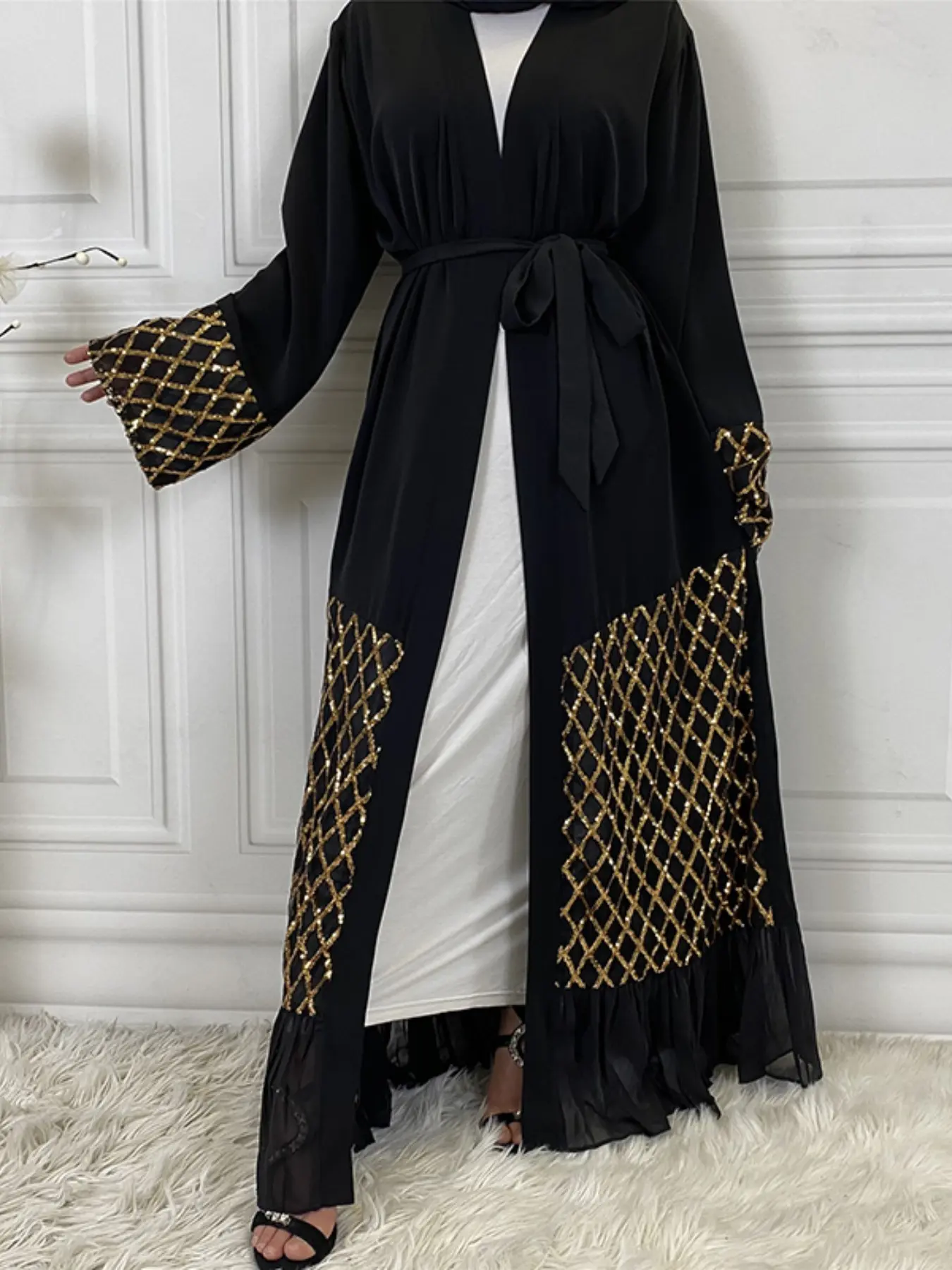Women's  Contrast Sequin Long Sleeve Belted  Abaya, Elegant Casual Muslim Clothing for Daily Wear, Ladies Islamic Clothing for Spring & Fall