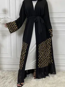 Women's  Contrast Sequin Long Sleeve Belted  Abaya, Elegant Casual Muslim Clothing for Daily Wear, Ladies Islamic Clothing for Spring & Fall