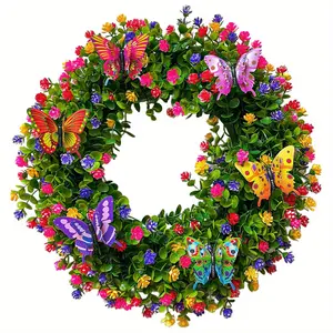 ZMOCEN-20 Inch Spring Summer Eucalyptus Wreath with Colorful Flowers & 6 Butterflies, Ideal Front Door Wreath for Outdoor Porch Mantel Home Wall Decor，Front door decorative wreath, artificial flowers, fake flowers