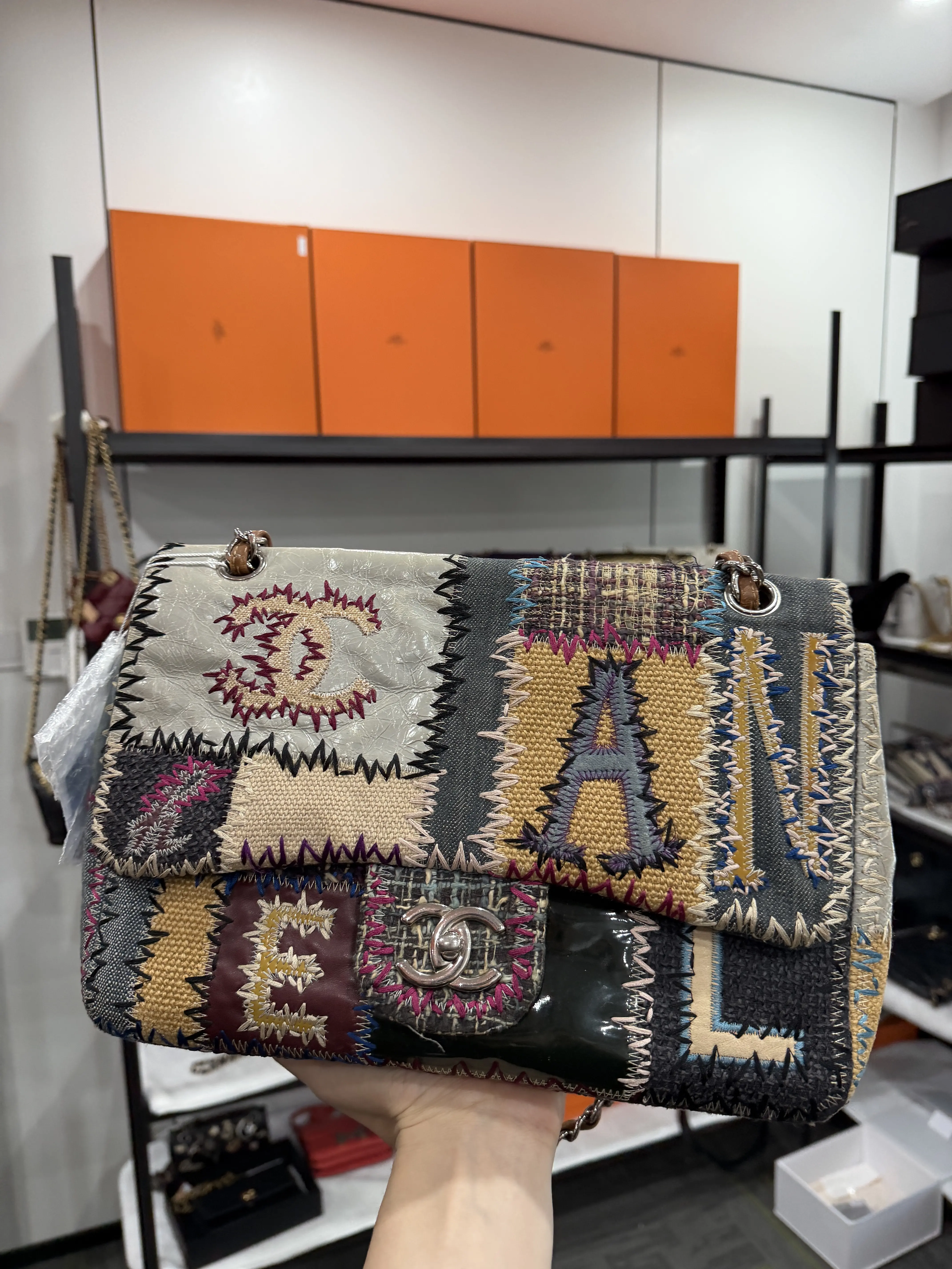 Pre-owned CHANEL Denim Tweed Patchwork Jumbo Single Flap Multicolor(1/4)