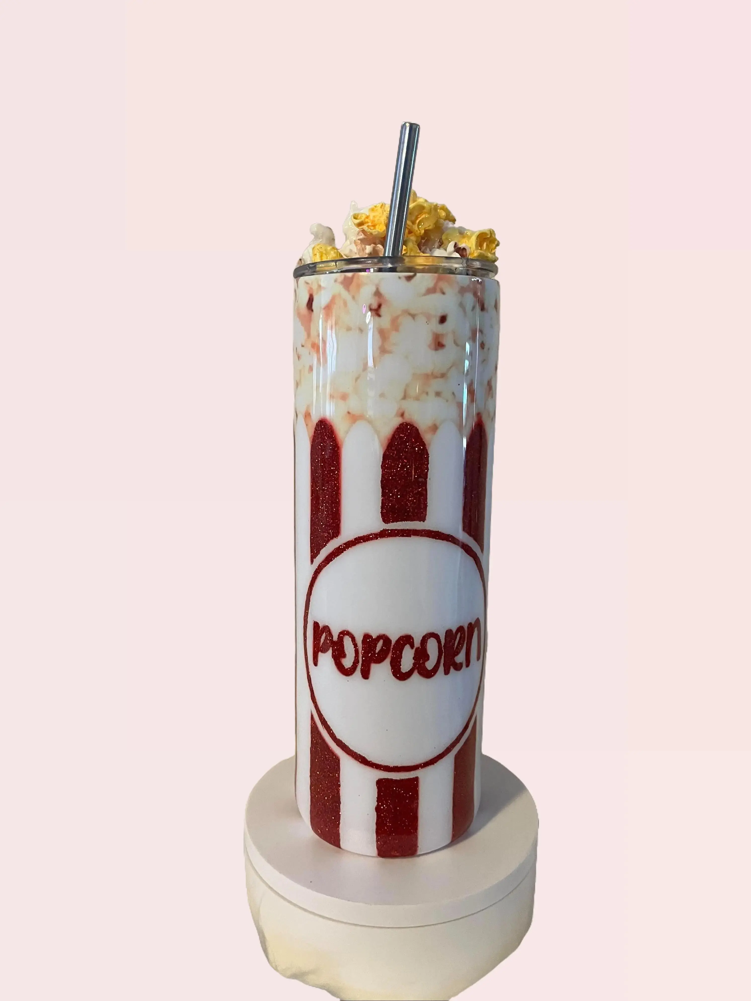 Glittered Popcorn Tumbler wit popcorn lid Topper  Drinkware Bottle Stainless