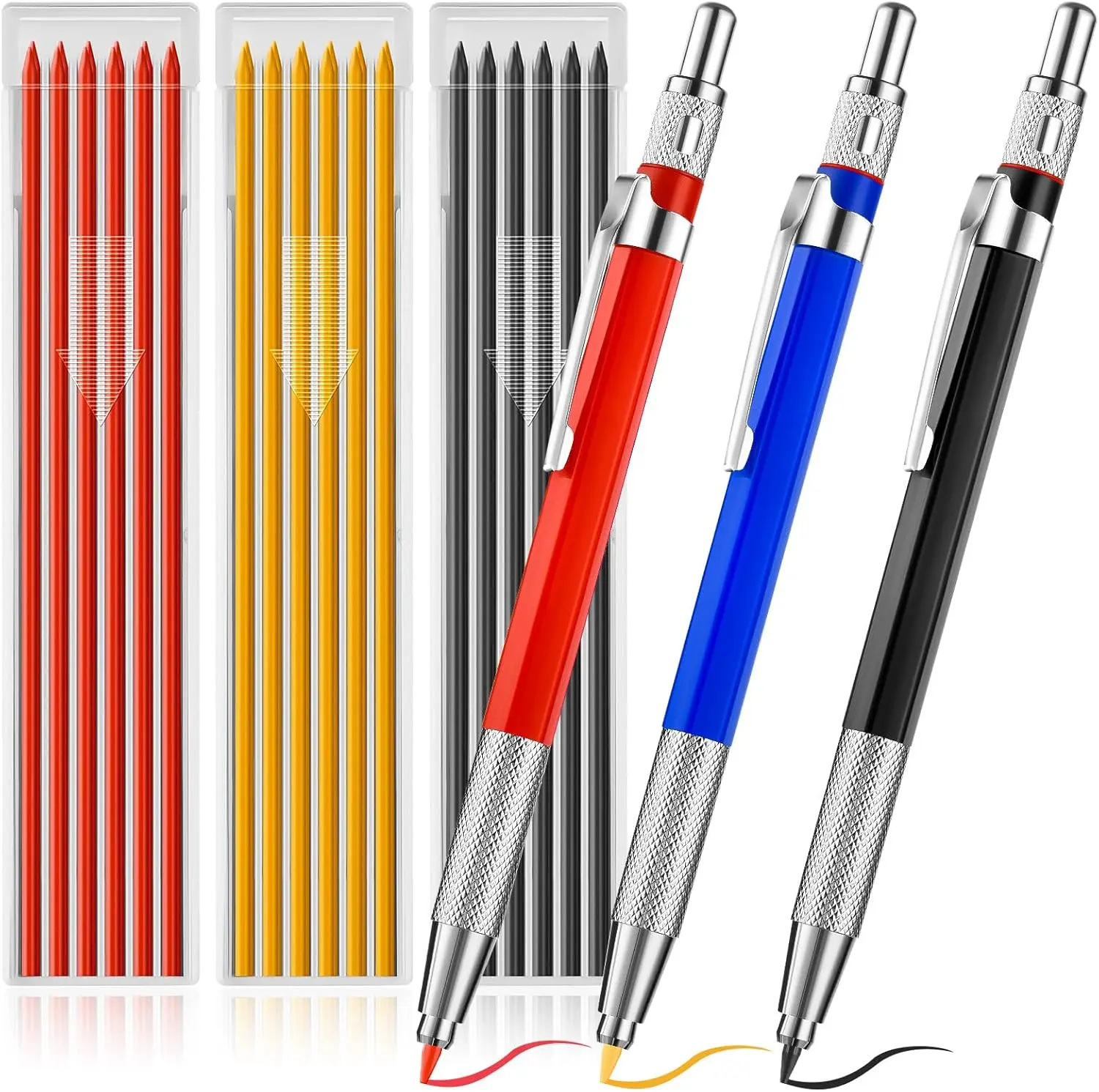 3 Pcs Welders Pencil with 36 Pcs Silver Round Refills, Welders Pencil for Metal, Welding Markers for Metal with Built-in Sharpener for Pipe Fitter Welder Steel Construction Fabrication Woodworking