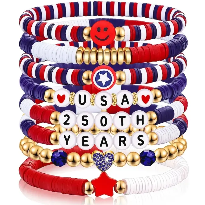 Red White Blue Clay Beaded Stackable Stretch Bracelets - 4th of July Patriotic Jewelry, Anniversary Charm Bracelets for Women Teens, Fourth of July Gift Accessories, Anniversary Bracelet, Charm Bracelet