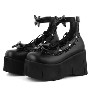 Women's Crisscross Straps Wedge Platform Heels Pumps Bow Black Round Toe Mary Jane Shoes Women Platform Wedge Heel Cosplay Kawaii Cute Shoes Classy Elegant