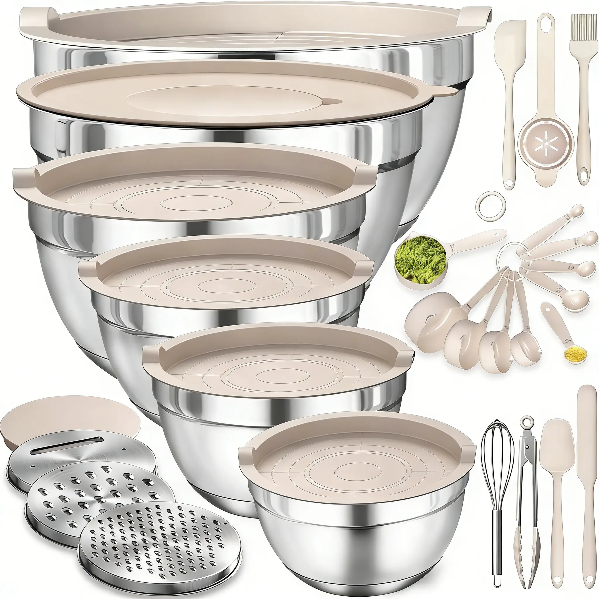 Durable Food Grade Stackable Nesting Stainless Steel Mixing Bowls with Lids - Dishwasher Safe Kitchenware Set Including 3 Graters, Whisk, Versatile Tools Included for Baking, Cooking Prep, Black - 3Pcs