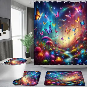 1/4 piece symphony butterfly mushroom forest pattern shower curtain set, waterproof shower curtain with 12 hooks, non-slip bathroom carpet, toilet U-shaped cushion, toilet seat cover cushion, bathroom shower curtain set, perfect moving gift.