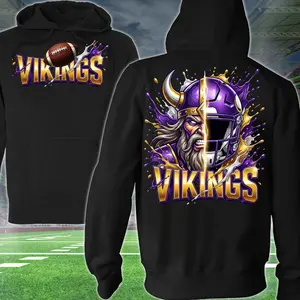 Vikings Football 2 Sided Hoodie, Strong Man Football Player Sweatshirt, Sports Apparel, Gold & Purple Helmet Pullover Classic T-shirt, Graphic Printed Streetwear Top, 100% Cotton, Gift For Fans