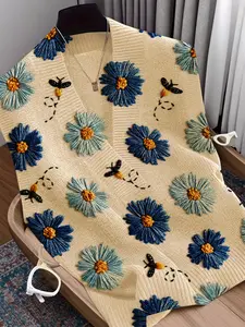 Elegant Women's Blue Floral Bee Print Sweater Vest, Cross Deep V Neck Sleeveless Knit Top, Comfortable Breathable Casual Wear