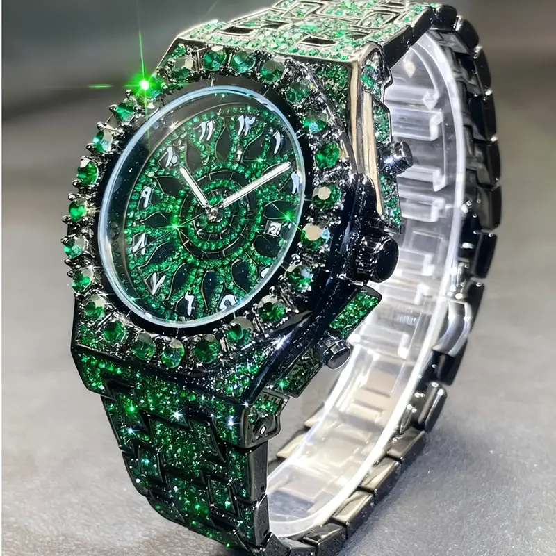 【Black Friday】Men's Iced-Out Quartz Watch, Luxury Hip-Hop Fashionable Wristwatch with Rhinestone-Encrusted Dial
