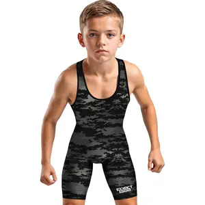 Exxact Sports Camouflage Youth Wrestling Singlet For Boys, Premium Powerlifting Singlet, Kids Wrestling Singlets (Black Camo)