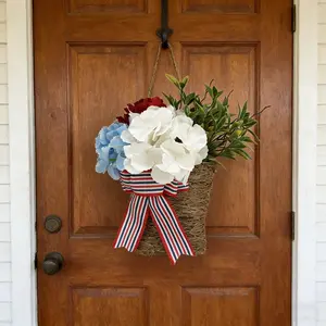 White hydrangea wreath, July 4th patriotic wreath, American flag bow with country basket - Independence Day/Anniversary home decor, durable plastic door and wall hanging, vibrant floral arrangement