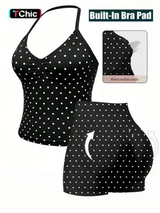 Fashionable Sports Set for Fitness Enthusiasts, Polka Dot Print Halter Top and Shorts, Summer Gym Yoga Running