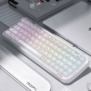 MOFii 1 Pc Pearl Membrane Keyboard, White Transparent Keycaps, Tri-Mode Connection, 15 RGB Lighting Effects, Ideal for Office & Gaming, Non-Hot-Swappable, Multi-Device Compatible, US Qwerty