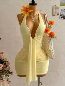 Women's Sexy Halter Mini Dress Deep V Neck Backless Bodycon Sundress Ruched Bow Tie Summer Vacation Beach Dress Party Club Date Night Festival Outfit