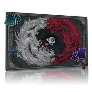 Yin-Yang Dragon TCG MTG Playmat 12x24inch Non-Slip, Dark Themed Mythical Dragon Battle Design, Suitable for Card Game Enthusiasts Party & Family Use, Perfect Gift