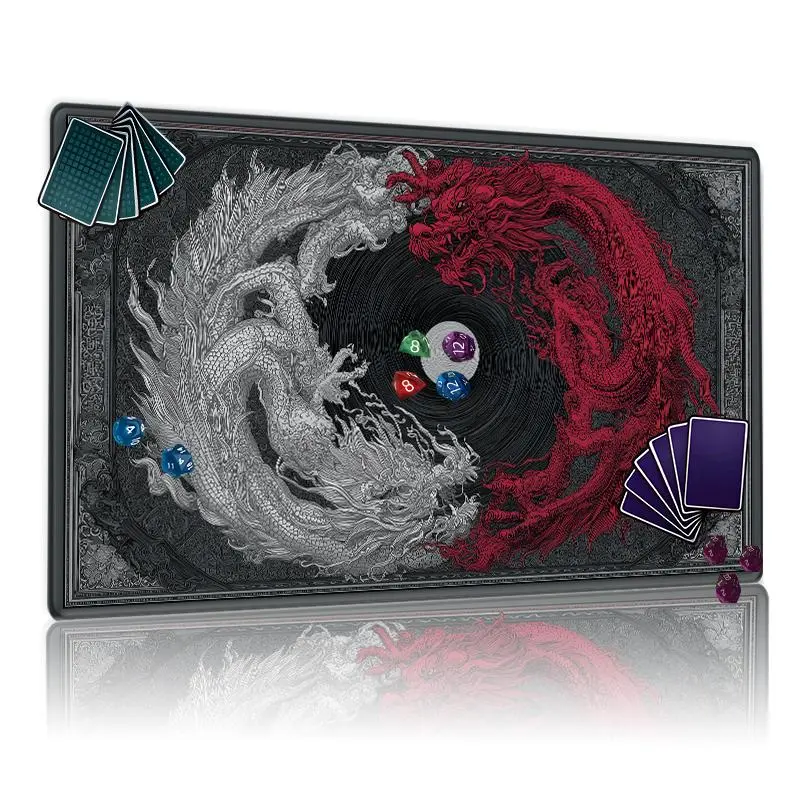 Yin-Yang Dragon TCG MTG Playmat Mousepad 12x24inch Non-Slip, Dark Themed Mythical Dragon Battle Design, Suitable for Card Game Enthusiasts Party & Family Use, Perfect Gift