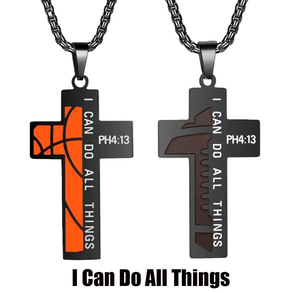 Men's Statement Accessory Necklace, Stainless Steel Cross Pendant with Basketball & Football Design and 'I CAN DO All Things' Bible Verse, Statementnecklace