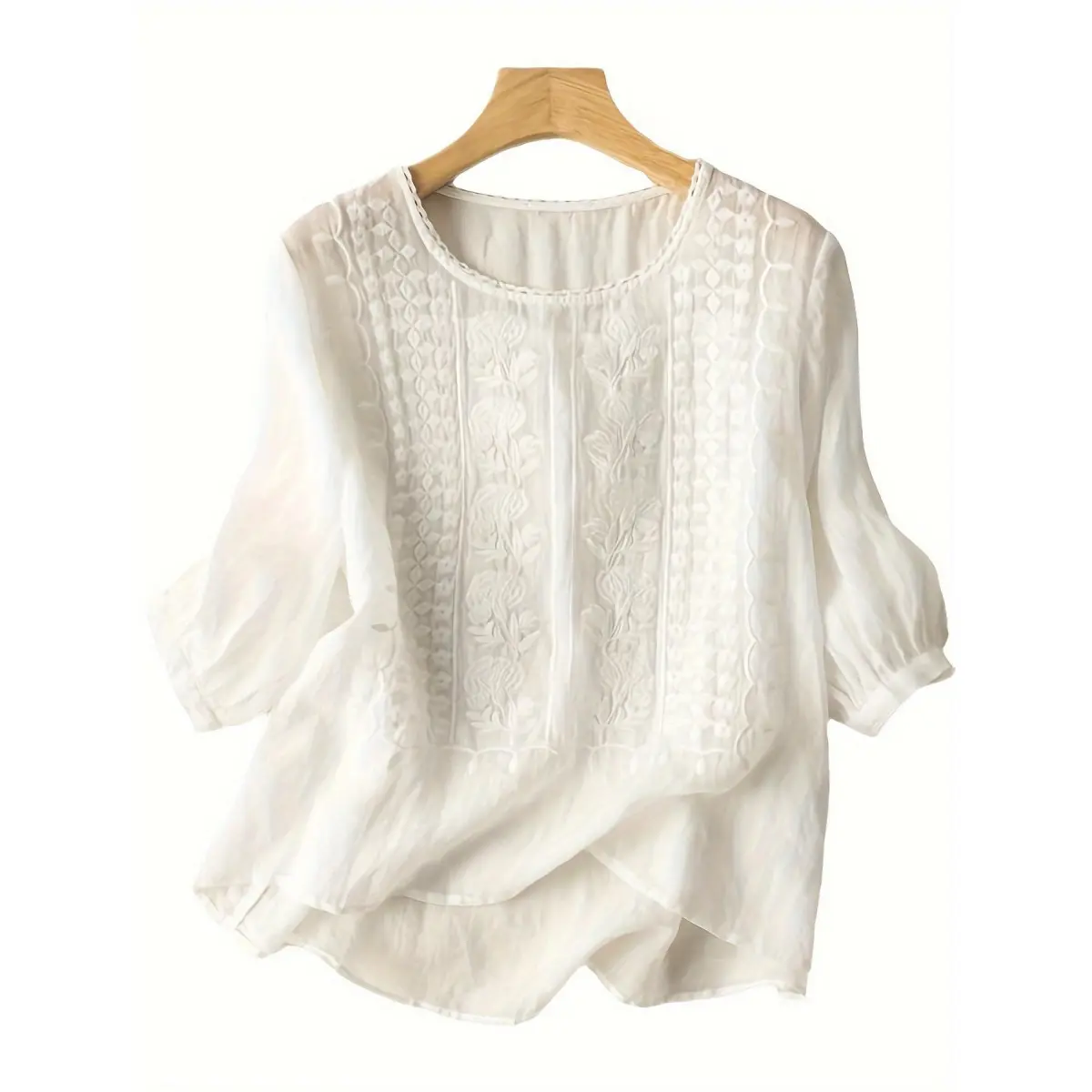 GARMENTMAKER Women's Vintage Breathable Blouse - Viscose Short-Sleeve, U-Neck, Loose Fit, Embroidered, Lace, Pleated, Crochet Top