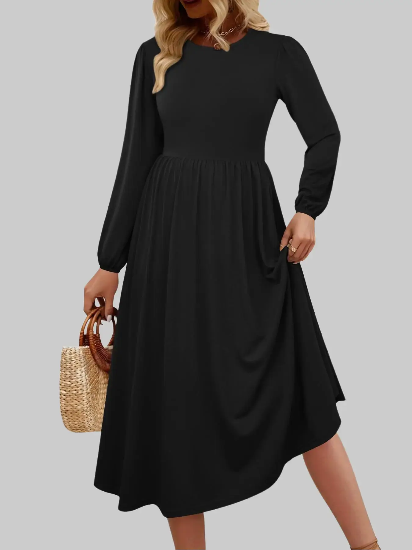 ZEAGOO Women's Casual Round Neck Long Puff Sleeve A-Line Midi Dress Boho Style with Pockets Good Drape for Evening Wedding Guest