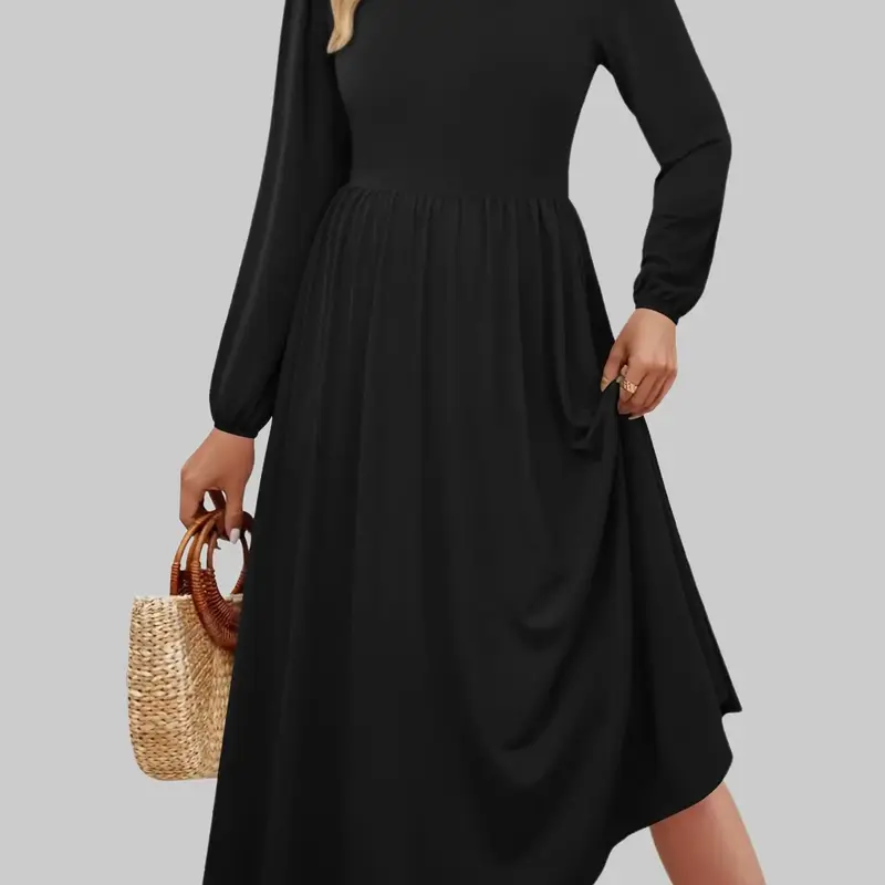 ZEAGOO Women's Machine Washable Casual Round Neck Long Puff Sleeve A-Line Midi Boho Dress with Pockets, Good Drape for Wedding Guest, Party, Dress For Wedding Guest
